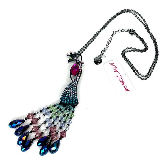 NEW Betsey Johnson PEACOCK BIRD NECKLACE Statement Stone Bejeweled Tassels - Picture 6 of 7